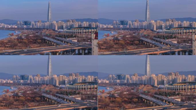 韩国首尔蚕室桥的延时乐天大楼照片2月2日05 2019在韩国首尔