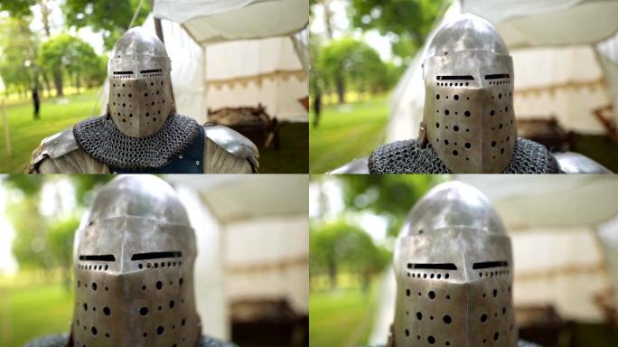 精美制作的中世纪骑士盔甲在看台上