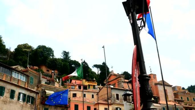 罗马尼米省飘扬的意大利和欧洲的旗帜