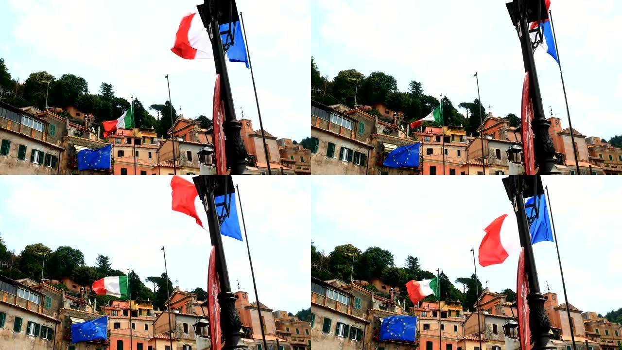罗马尼米省飘扬的意大利和欧洲的旗帜