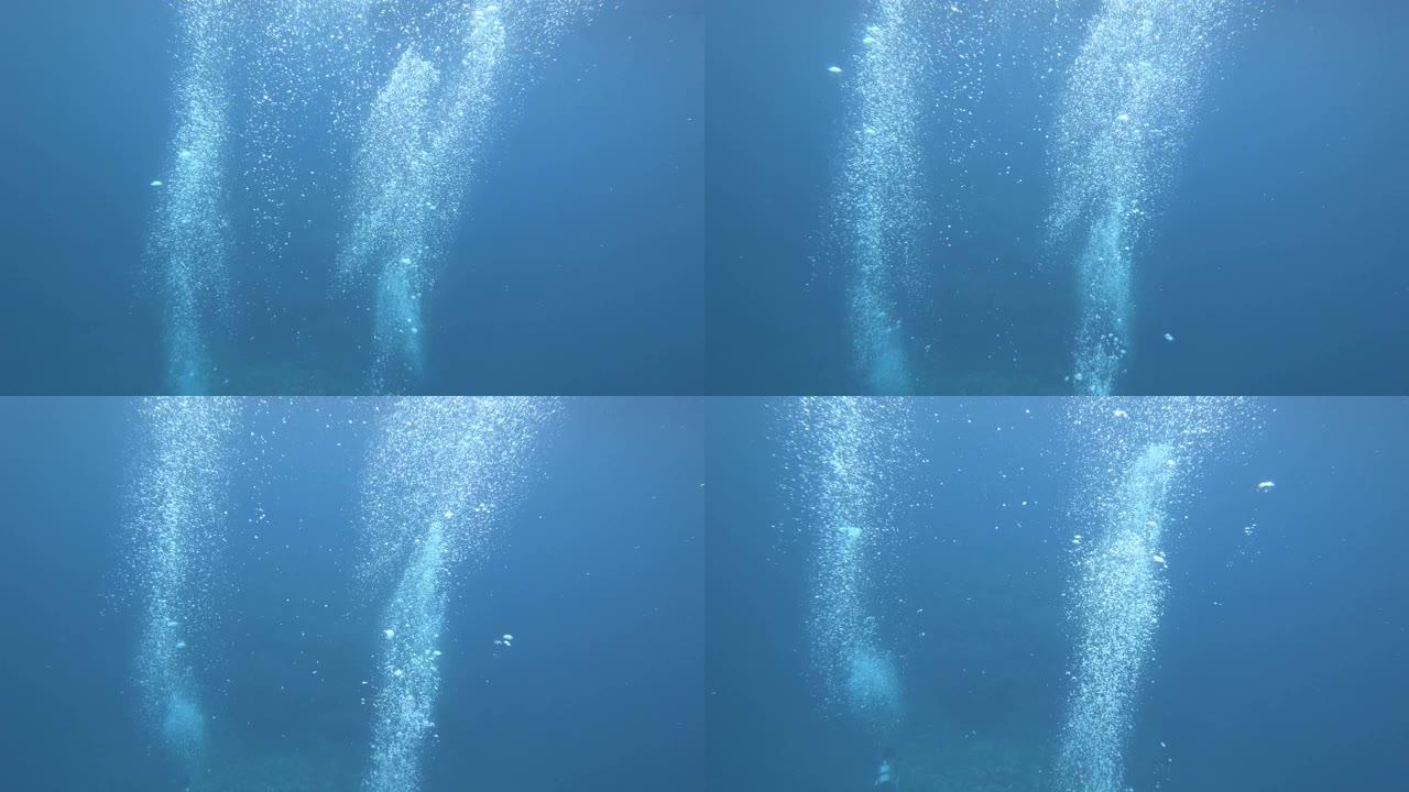 冲绳石垣岛附近水肺潜水员的气泡。