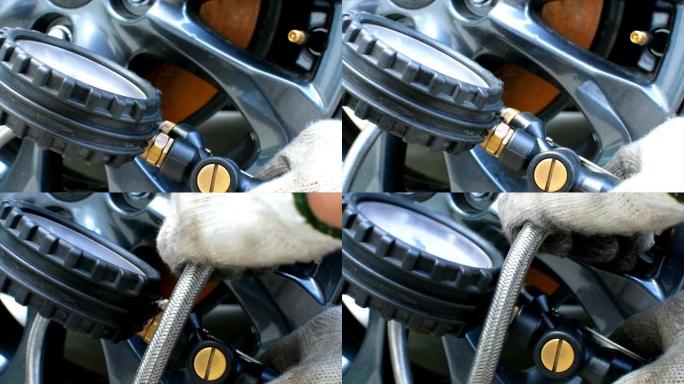 亚洲男子汽车检查测量数量充气橡胶轮胎汽车。汽车轮胎压力测量的近距离手持机器充气压力表，汽车图像