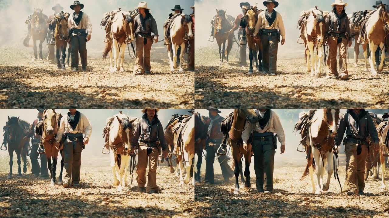 牛仔带领马在路上行走