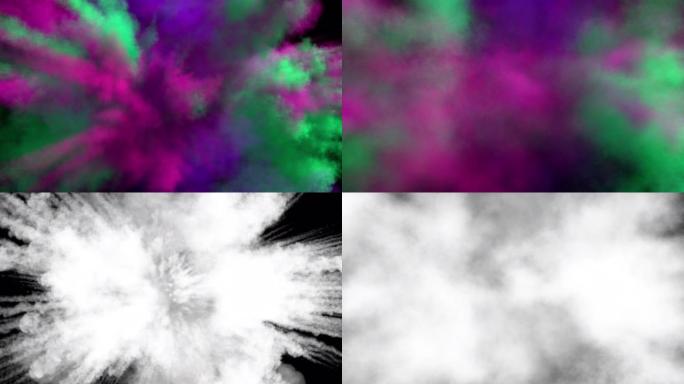 彩色中型烟雾爆炸，带有痕迹，向相机扩展。