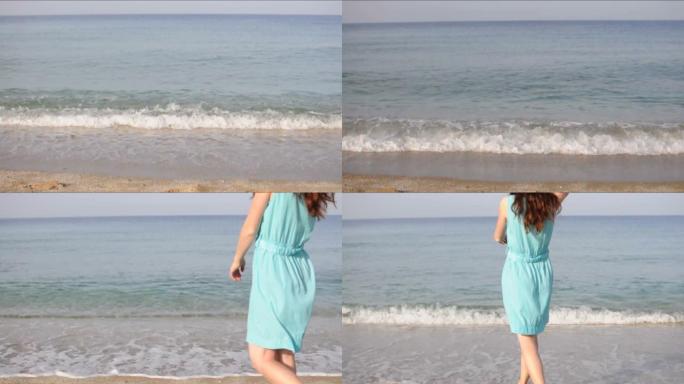 女孩穿着衣服去海边试试水