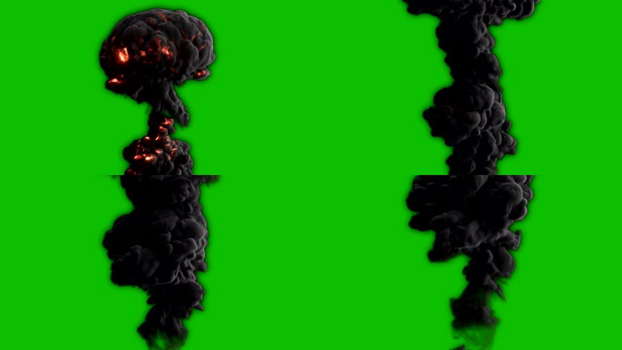 现实的巨型爆炸和绿色屏幕前的烟雾。VFX元素。