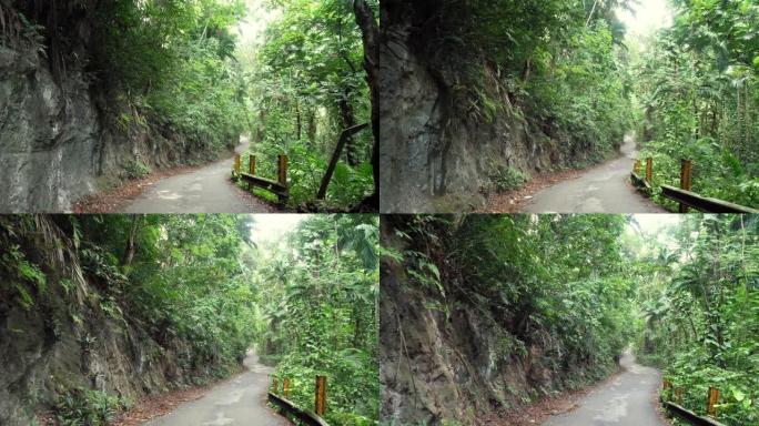 沿着奥乔里奥斯 (Ocho Rios) 的弯曲铺砌道路行走，一侧是钢柱和护栏，另一侧是岩石悬崖，牙买