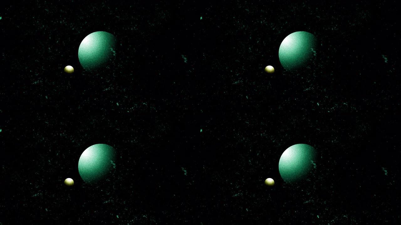 绿色星球，月亮以噪音纹理风格四处移动。带有行星动画的抽象空间。