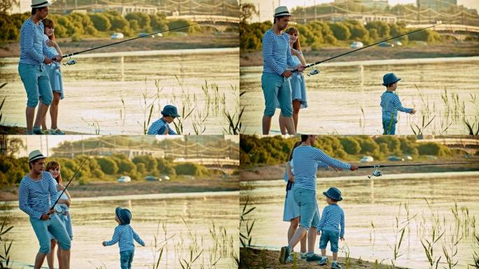 家庭钓鱼-父亲钓鱼-他的妻子抱着一个婴儿-小男孩在海滩上散步