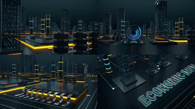 具有概念经济数据的3D动画未来数字城市