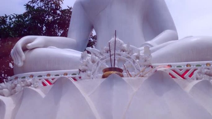 佛寺花园大白佛像的摄像机运动从底到顶视图