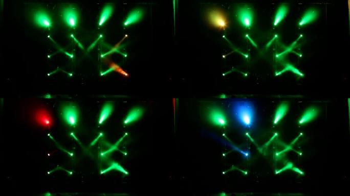 音乐会前在空荡荡的舞台上，绿色和红色美丽的光芒。