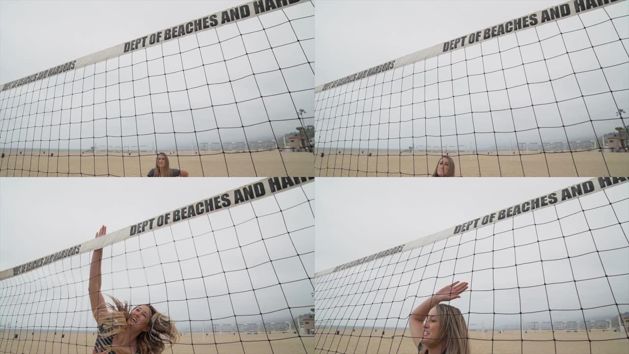 慢动作高加索女人在网上钉着多云的沙滩排球
