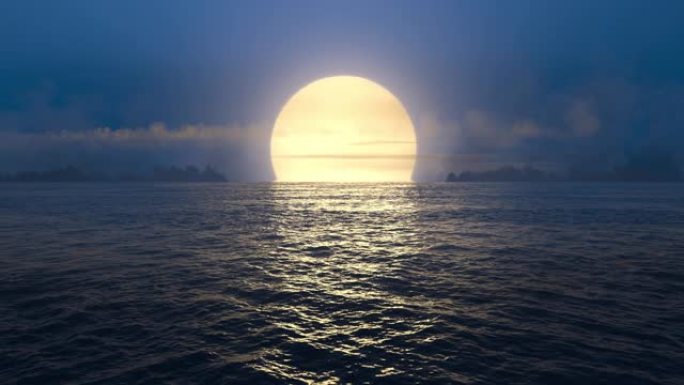 蓝色日落时在海洋上无缝循环飞行。