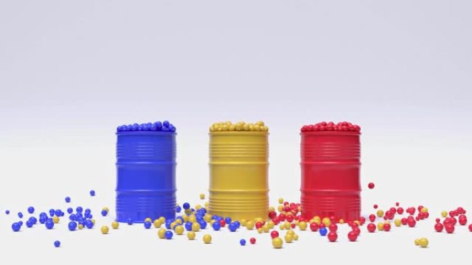 许多球体球红色黄色蓝色油气罐白色场景抽象运动3d渲染