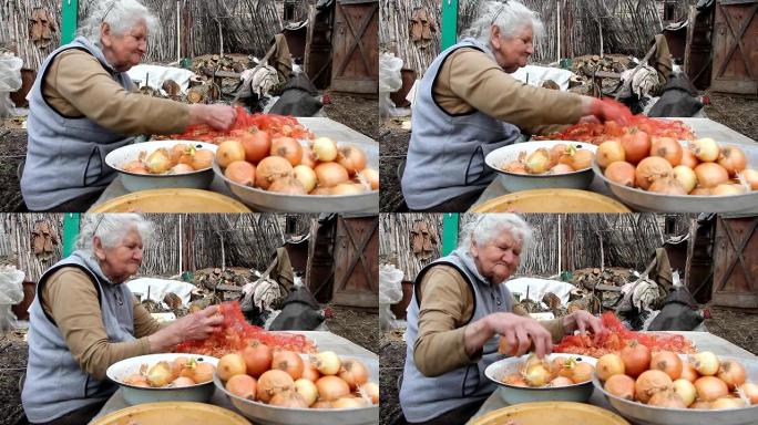 一位白发苍苍的老妇人在厨房做饭之前先捡起洋葱，有机蔬菜，她自己的农作物，选择性的焦点
