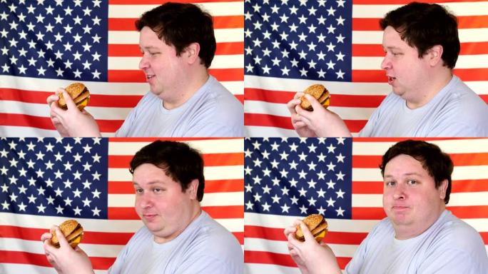 有美国国旗背景的汉堡包的人。大家伙想要快餐