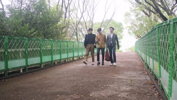 年轻的日本男性朋友在东京公园散步
