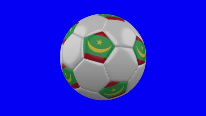 蓝色色度关键背景上带有毛里塔尼亚国旗的足球，循环