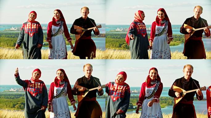 人们穿着传统的俄罗斯服装走在球场上，唱着歌-一个男人在玩巴拉莱卡。