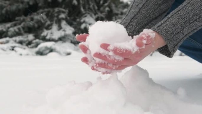 女人下了几雪，打了一个雪球，甘兹特写了。雪山杉树美丽的风景