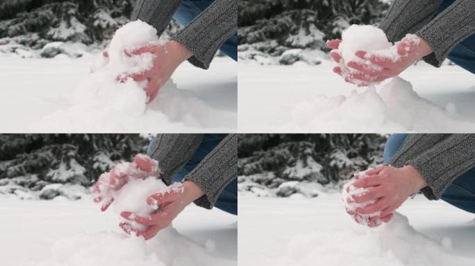 女人下了几雪，打了一个雪球，甘兹特写了。雪山杉树美丽的风景