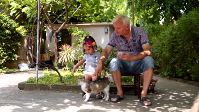 孙女和祖父一起喂猫