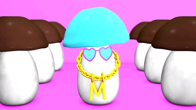 花式蘑菇舞的无缝3D动画。独特性和个性概念。
