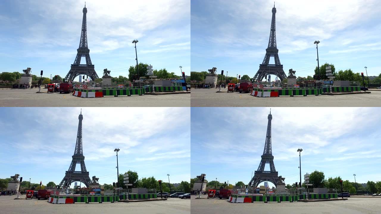 巴黎在雷纳池塘附近的道路建设工程，带有埃菲尔铁塔的面纱