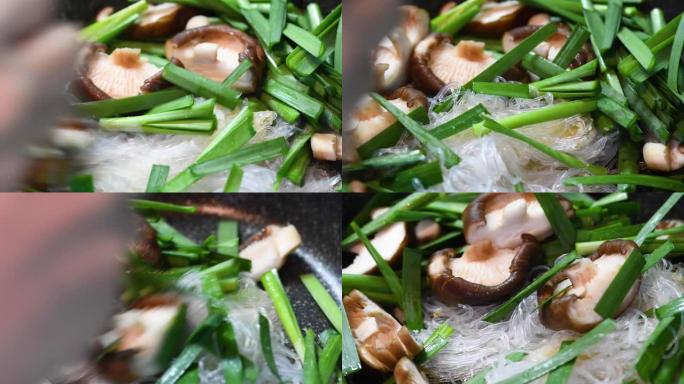 油炸玻璃面、蘑菇和韭菜