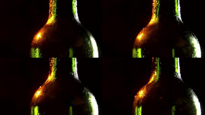 令人惊叹的闪亮啤酒瓶在运动中旋转的特写镜头