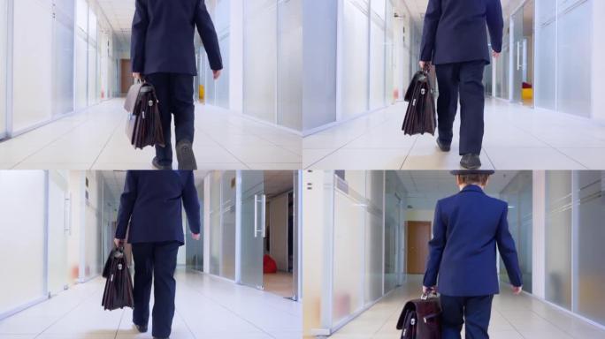 年轻的商人在商务套房和公文包走在办公室走廊的后视图。带着公文包的年轻男生走在学校大厅里。学校生活方式