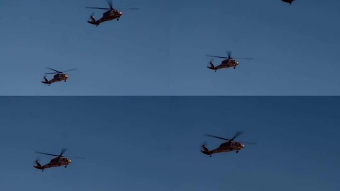 三架黑鹰军用直升机编队飞行