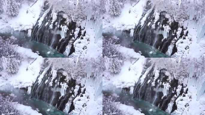 日本北海道冬季雪季白重瀑布景观