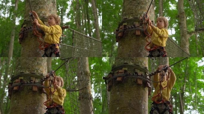 穿着安全带的小男孩在森林冒险公园的树梢上攀登。他爬上高高的绳索小径。户外娱乐中心，为成人和儿童提供爬