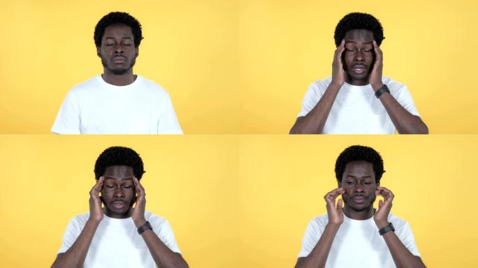 年轻的非洲男子与头痛隔离在黄色背景