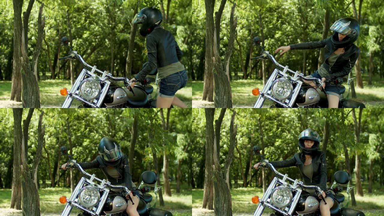 时髦的女摩托车手准备骑摩托车