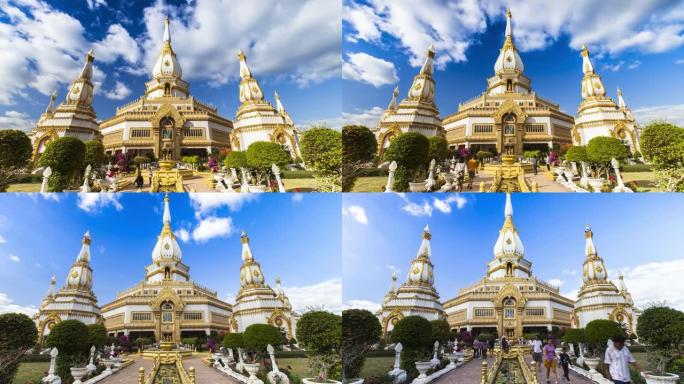 泰国东北部多云天空的泰国寺庙白色风格塔的时间表