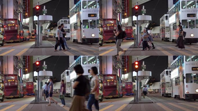 实时视频人们走过轩尼诗道铜锣湾，在香港中环道购物，在香港famaus place乘电车和火车旅行