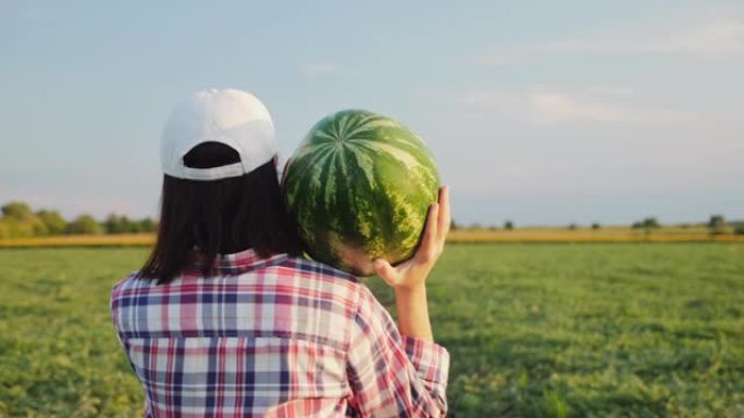 农夫肩上扛着一个成熟的西瓜