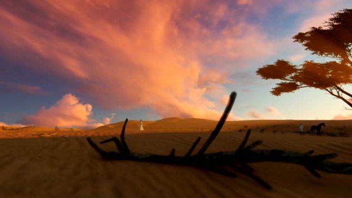 阿拉伯男子在日落时分穿过沙漠走向绿洲，相机飞翔