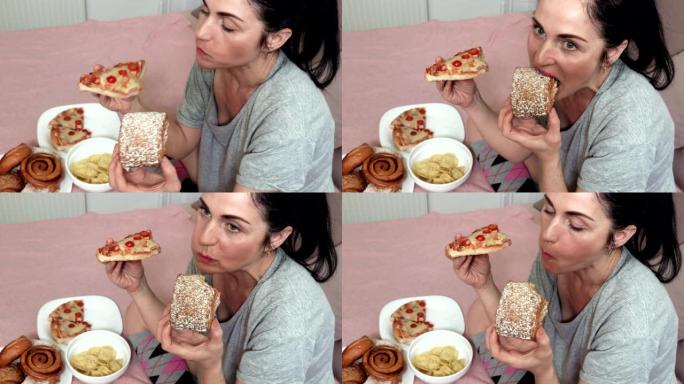 女人吃甜面包和披萨。不良不健康饮食营养观念