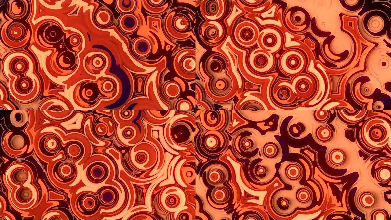 抽象圆形分形图案的循环动画。现代橙色运动图形背景。3d渲染。4K，超高清分辨率。