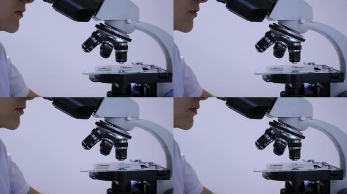 女实验室技术员凝视着显微镜的目镜