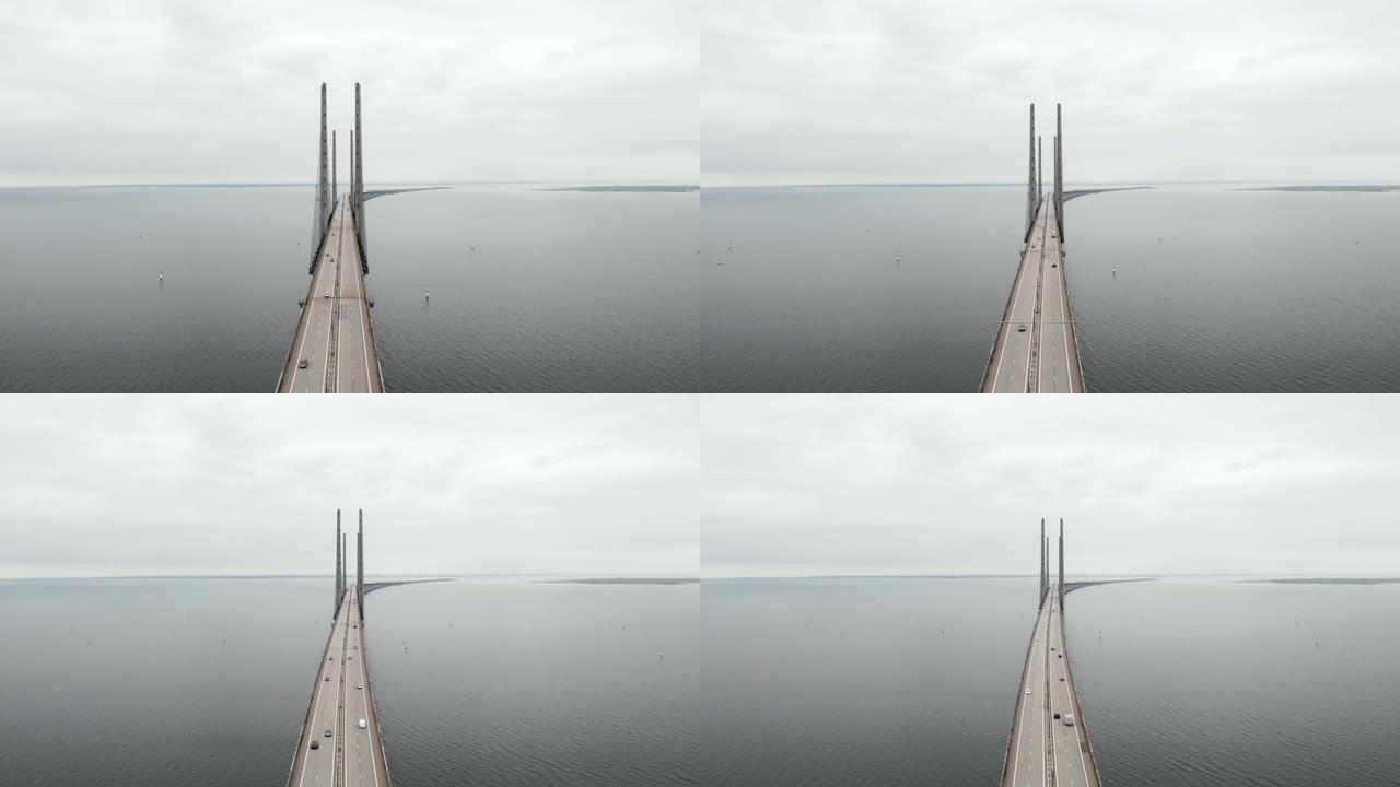 波罗的海上空厄勒海峡大桥的鸟瞰图。