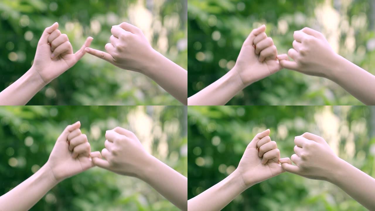 双手勾住彼此的小手指在自然背景，承诺的概念上