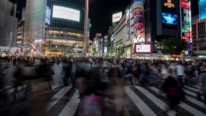 4k延时: 旅行者行人拥挤地走过日本东京涩谷区的人行横道。向上倾斜镜头