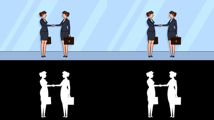 平面卡通女商人角色握手商业协议动画，阿尔法哑光