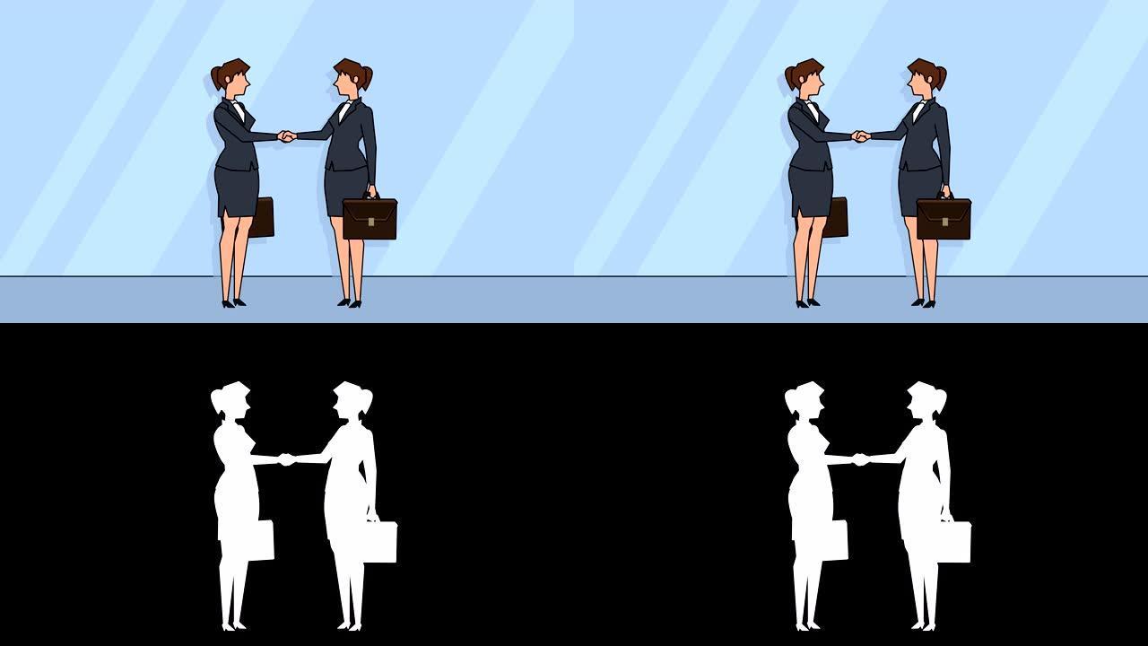 平面卡通女商人角色握手商业协议动画，阿尔法哑光