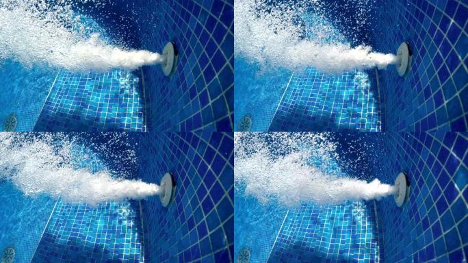 蓝色瓷砖温泉浴池热水浴缸喷水产生的水下气泡